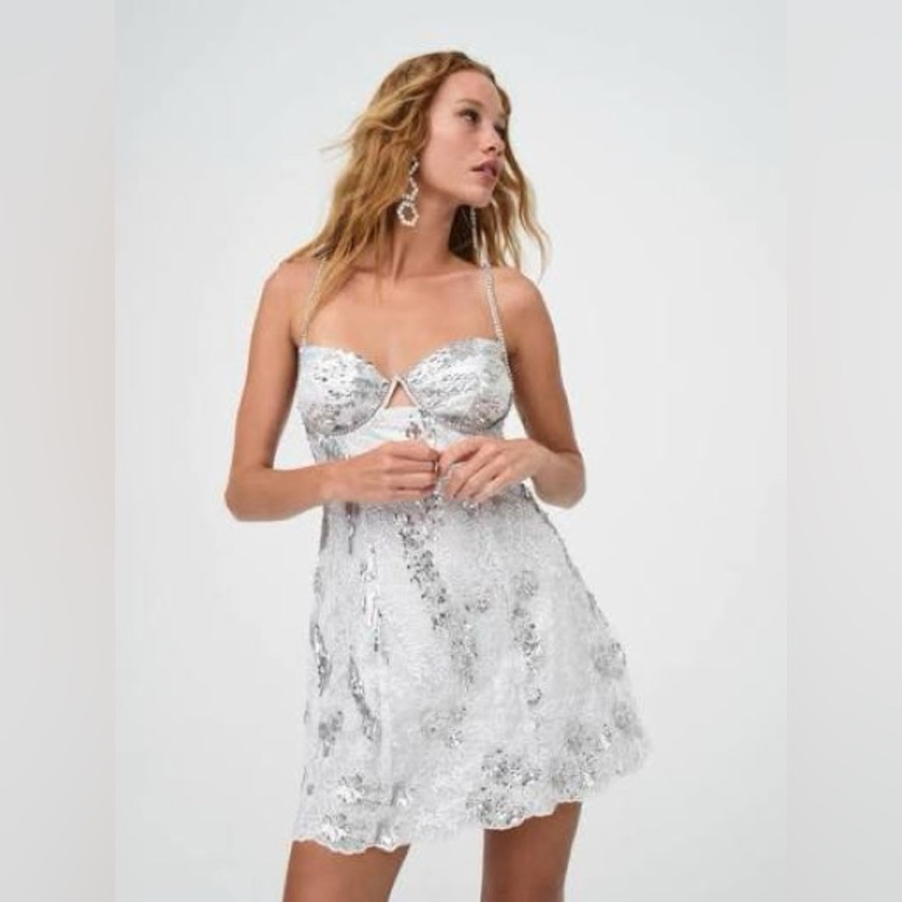 For Love And Lemons Opal Silver Mini Dress Size Large NWT - Picture 4 of 8